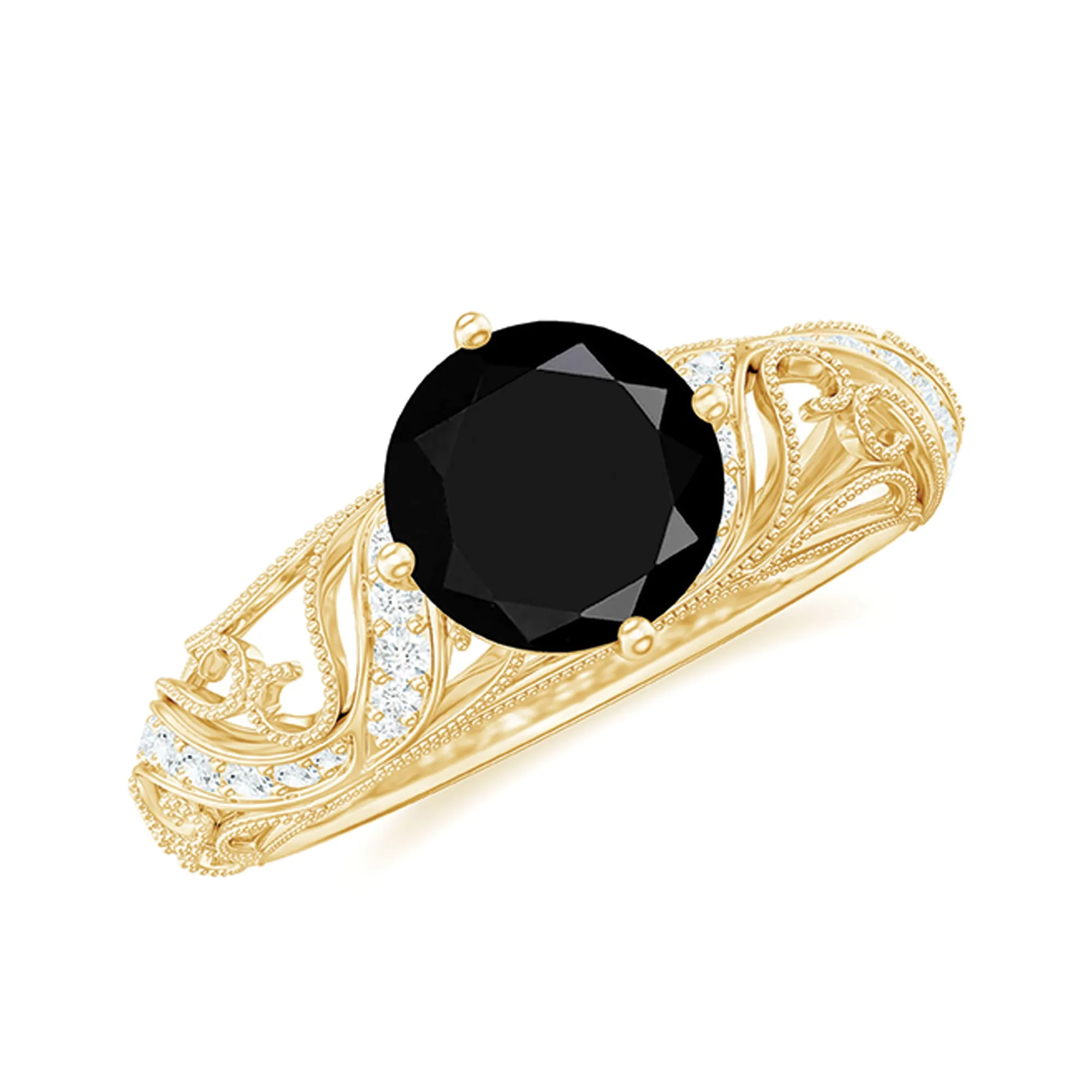 1/4 CT Round Shape Black Onyx and Diamond Milgrain Engagement Ring