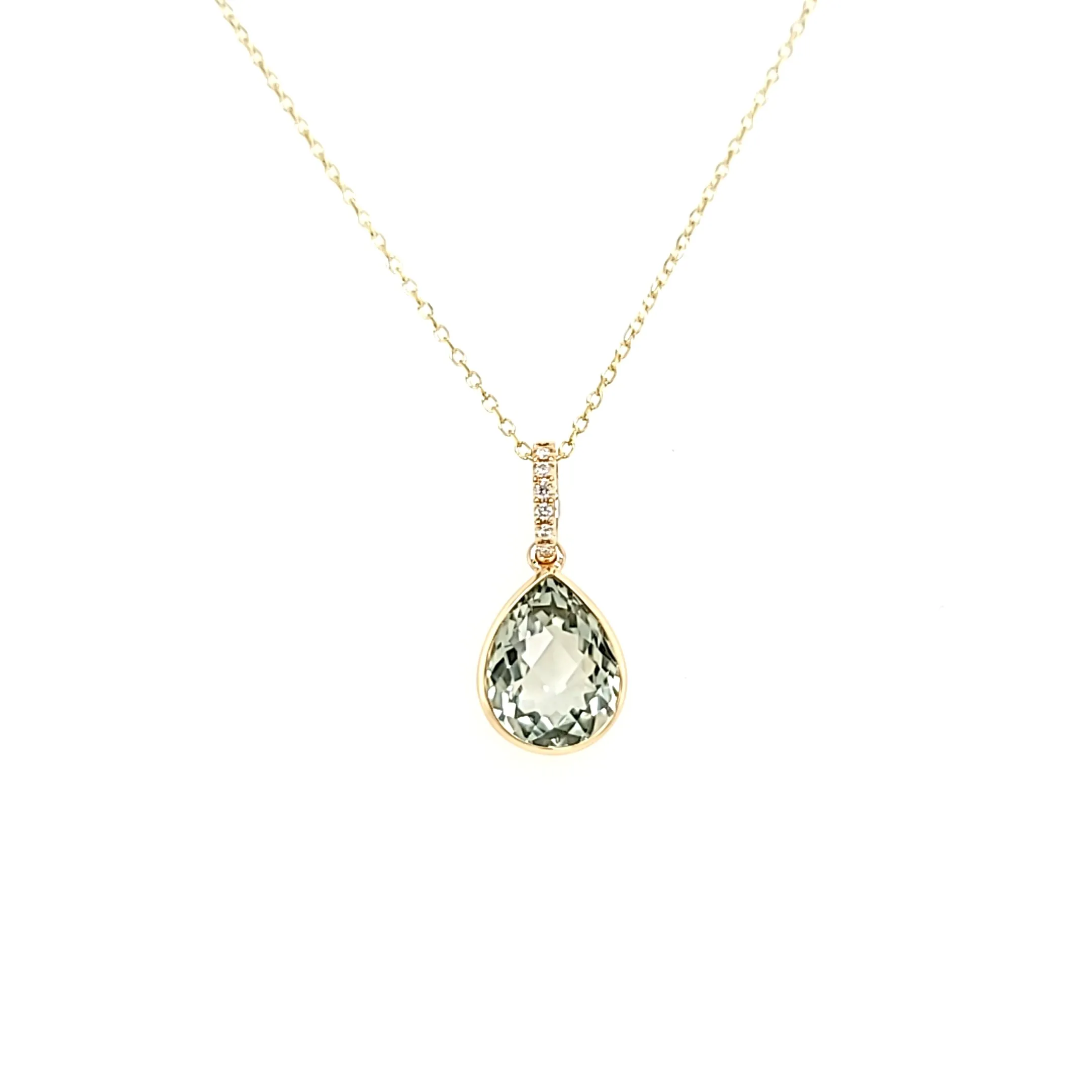 14k Yellow Gold Pear Shaped Green Amethyst Necklace (I8003)