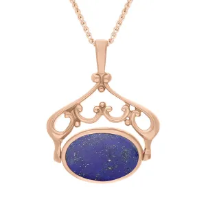 18ct Rose Gold Whitby Jet Lapis Lazuli Double Sided Oval Swivel Fob Necklace