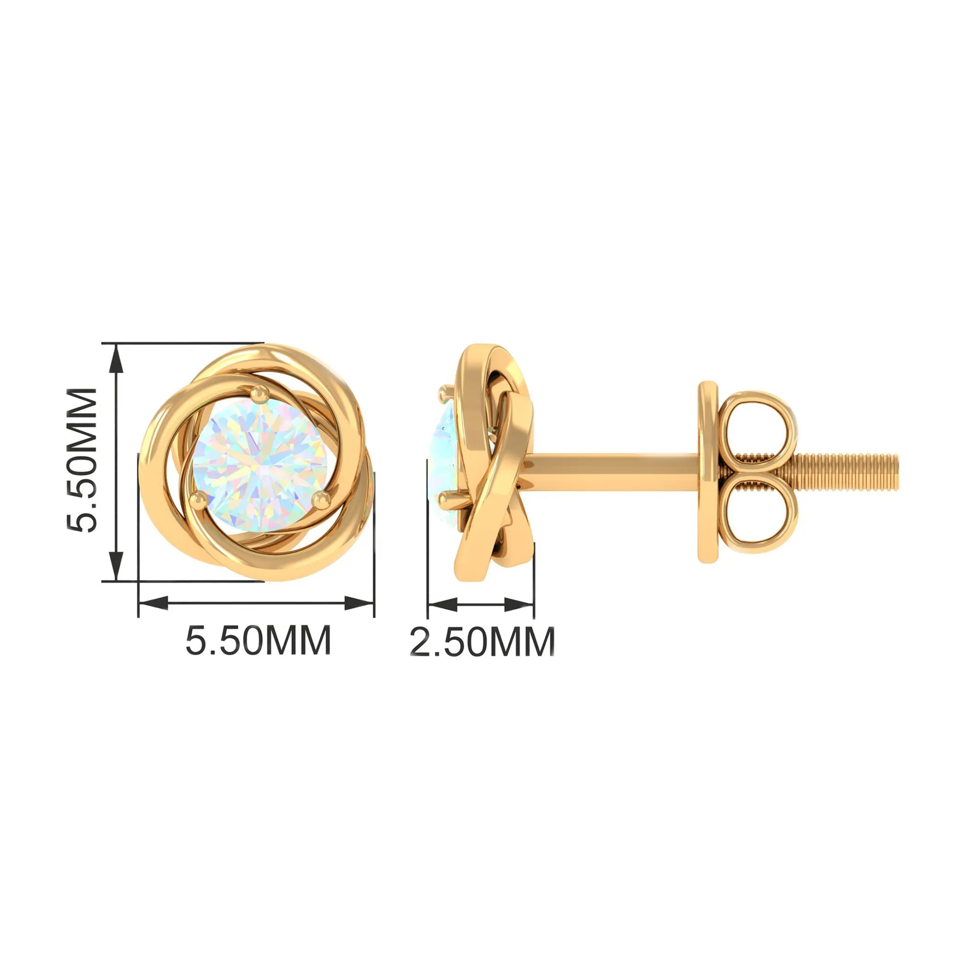 4 MM Round Ethiopian Opal Solitaire Gold Swirl Stud Earrings in Prong Setting