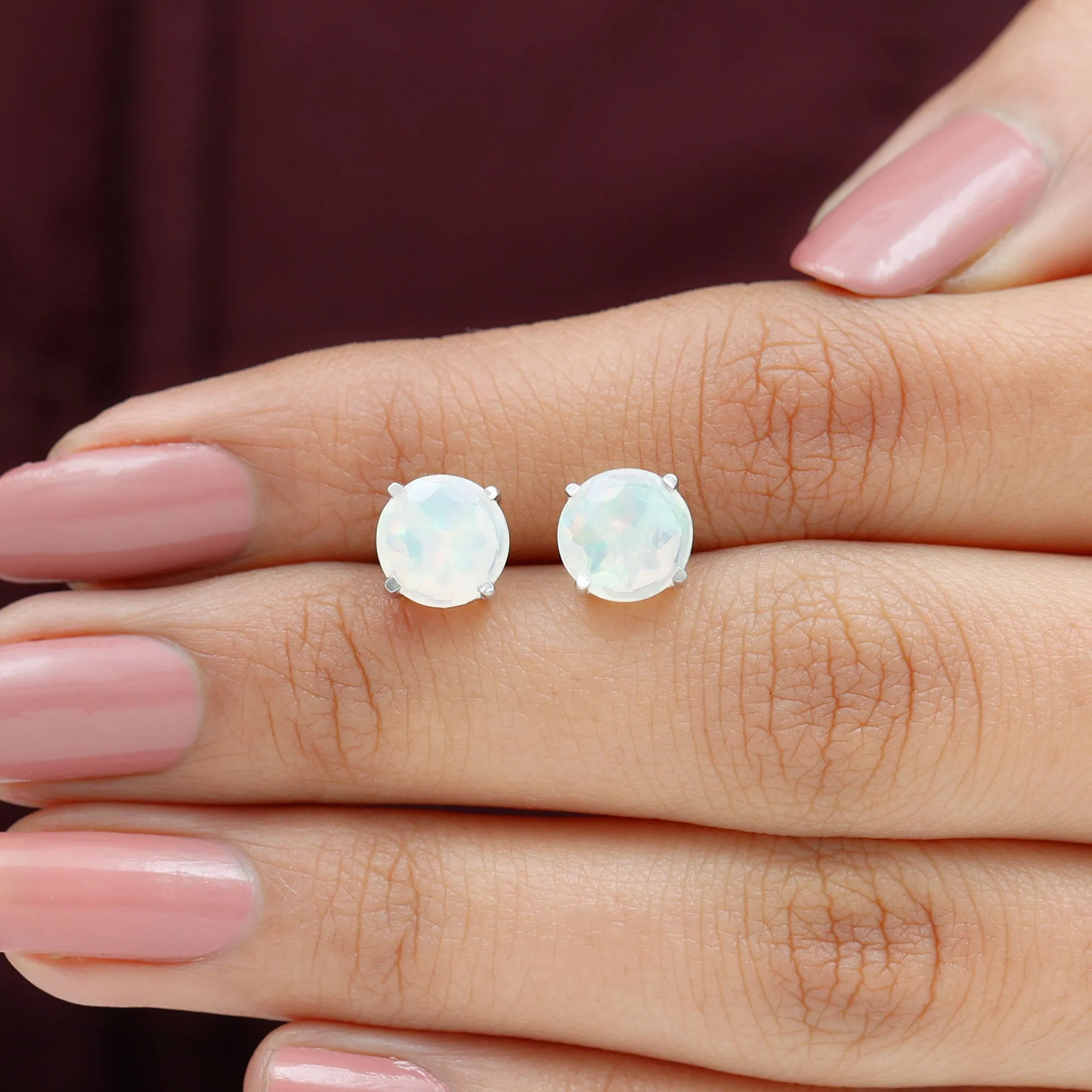 8 MM Simple Round Cut Ethiopian Opal Solitaire Stud Earrings