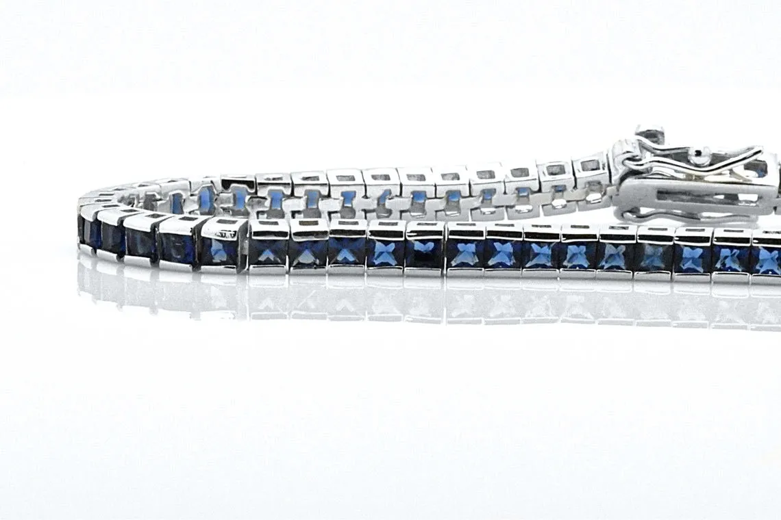 925 Sterling Silver Princess Cut Blue Sapphire Tennis Bracelet