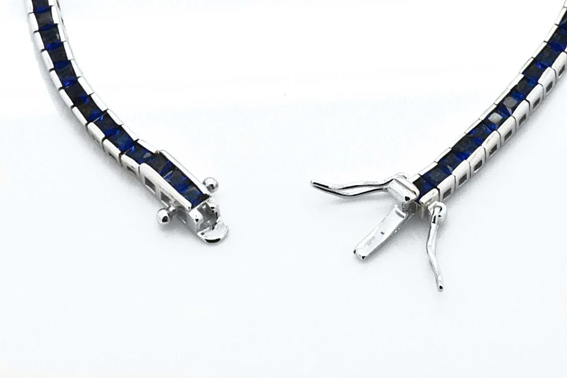 925 Sterling Silver Princess Cut Blue Sapphire Tennis Bracelet