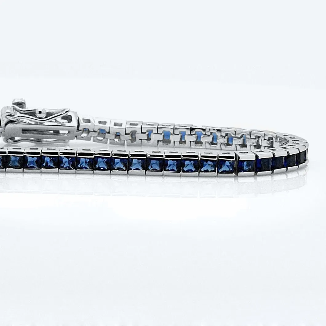 925 Sterling Silver Princess Cut Blue Sapphire Tennis Bracelet