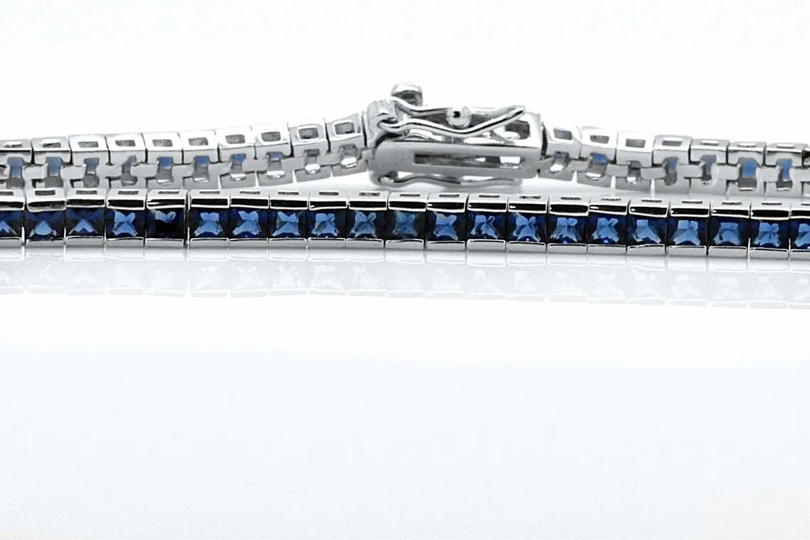 925 Sterling Silver Princess Cut Blue Sapphire Tennis Bracelet