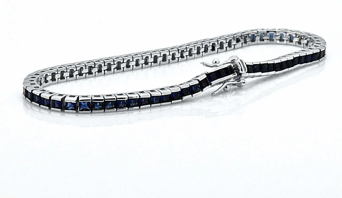 925 Sterling Silver Princess Cut Blue Sapphire Tennis Bracelet