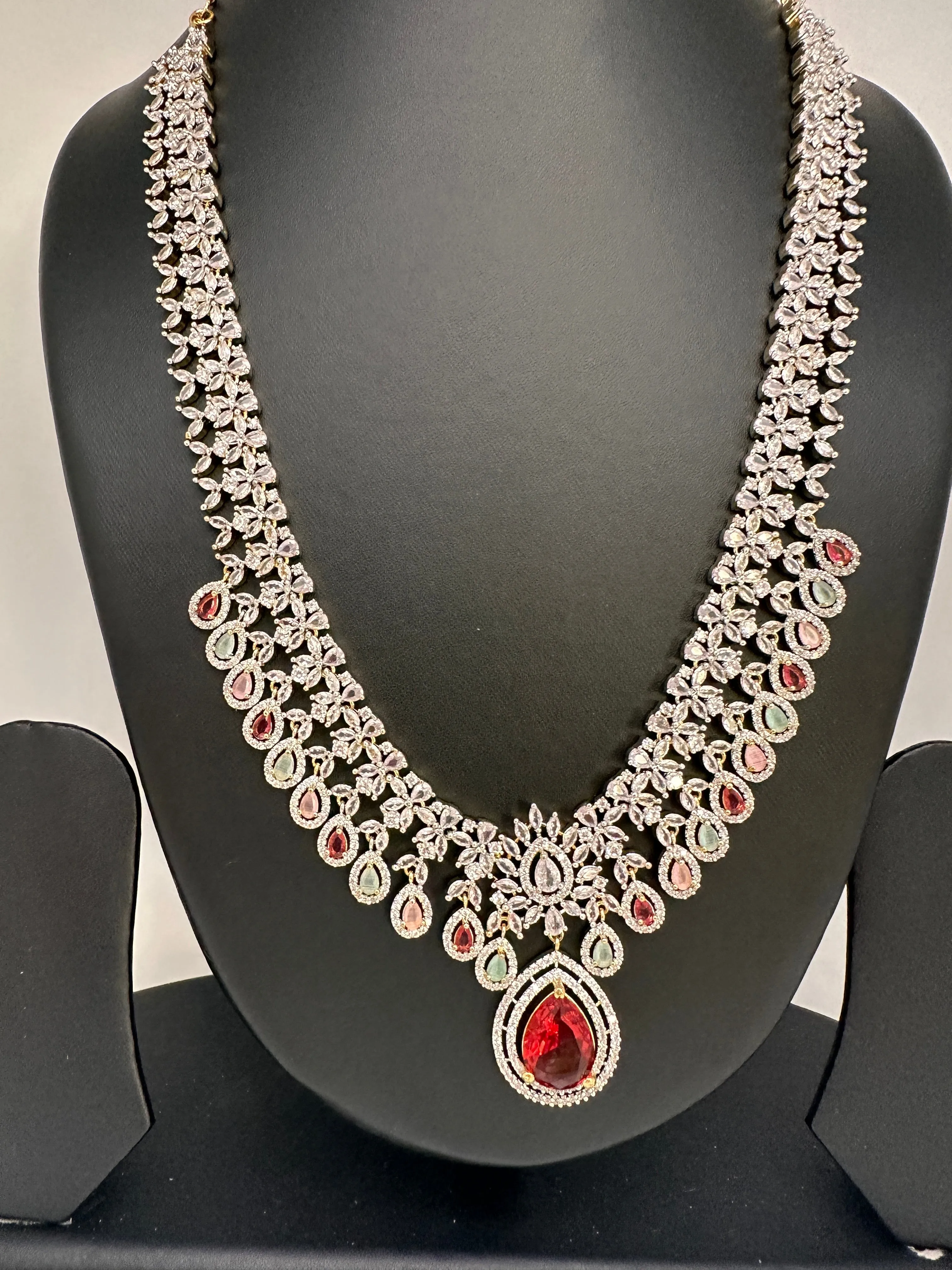 AD Red Stone Multi Color Links Short Necklace