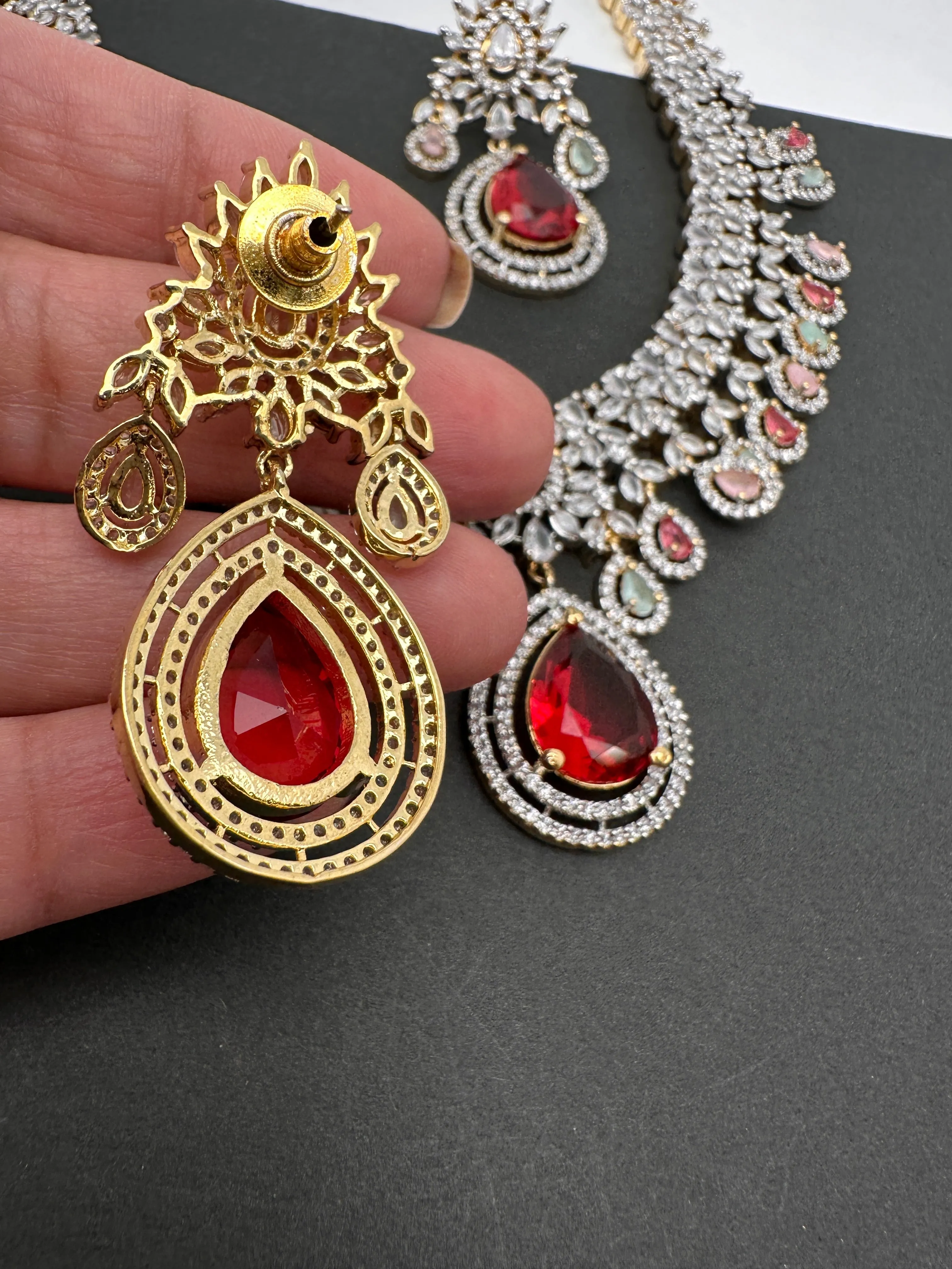 AD Red Stone Multi Color Links Short Necklace