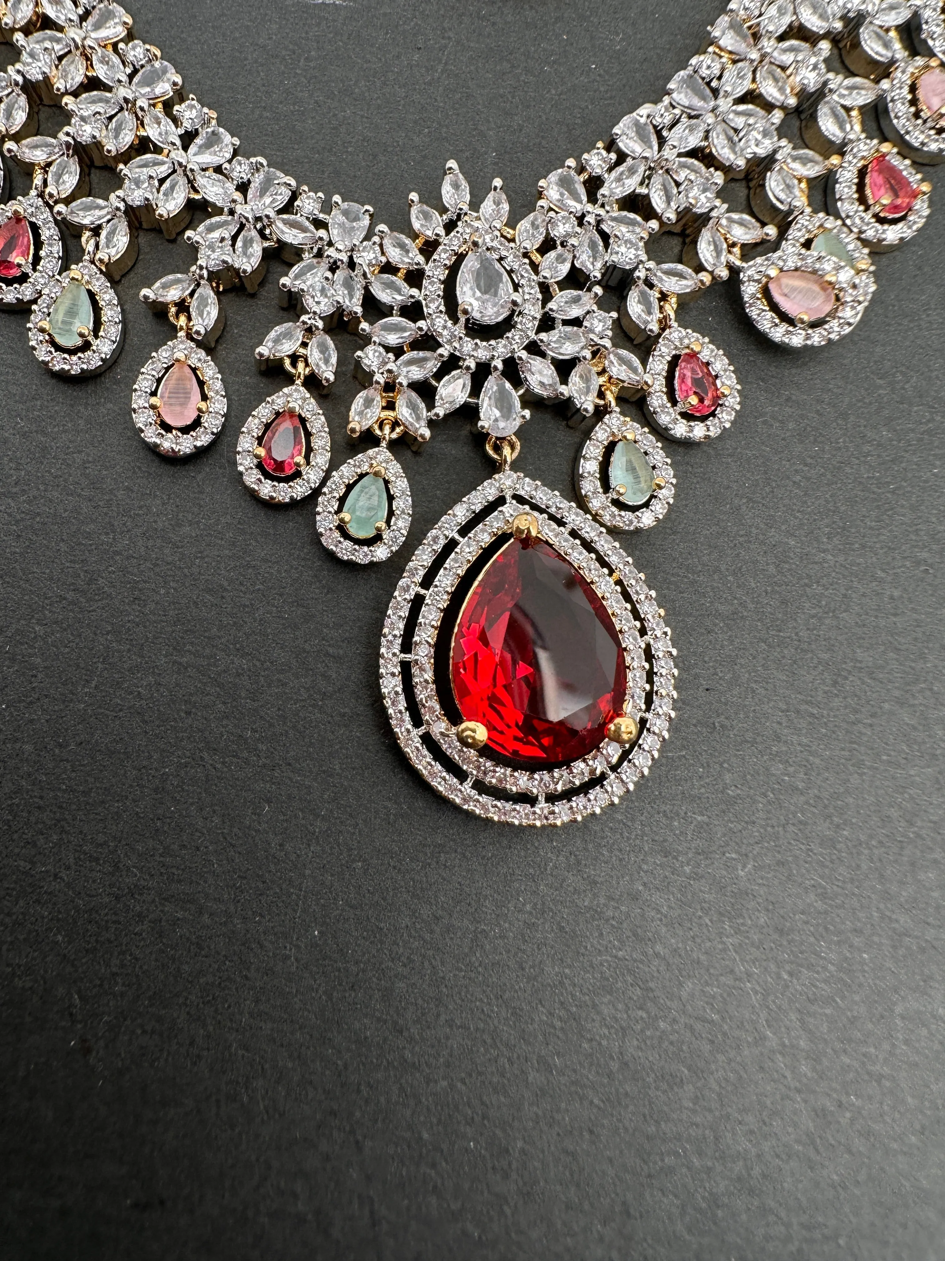 AD Red Stone Multi Color Links Short Necklace