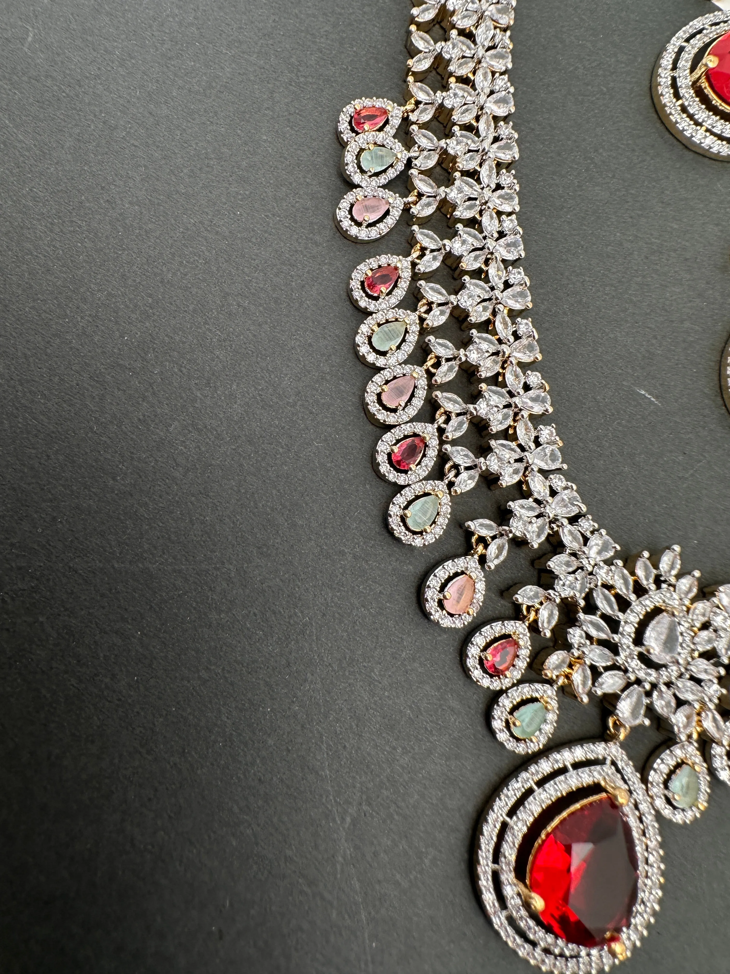AD Red Stone Multi Color Links Short Necklace