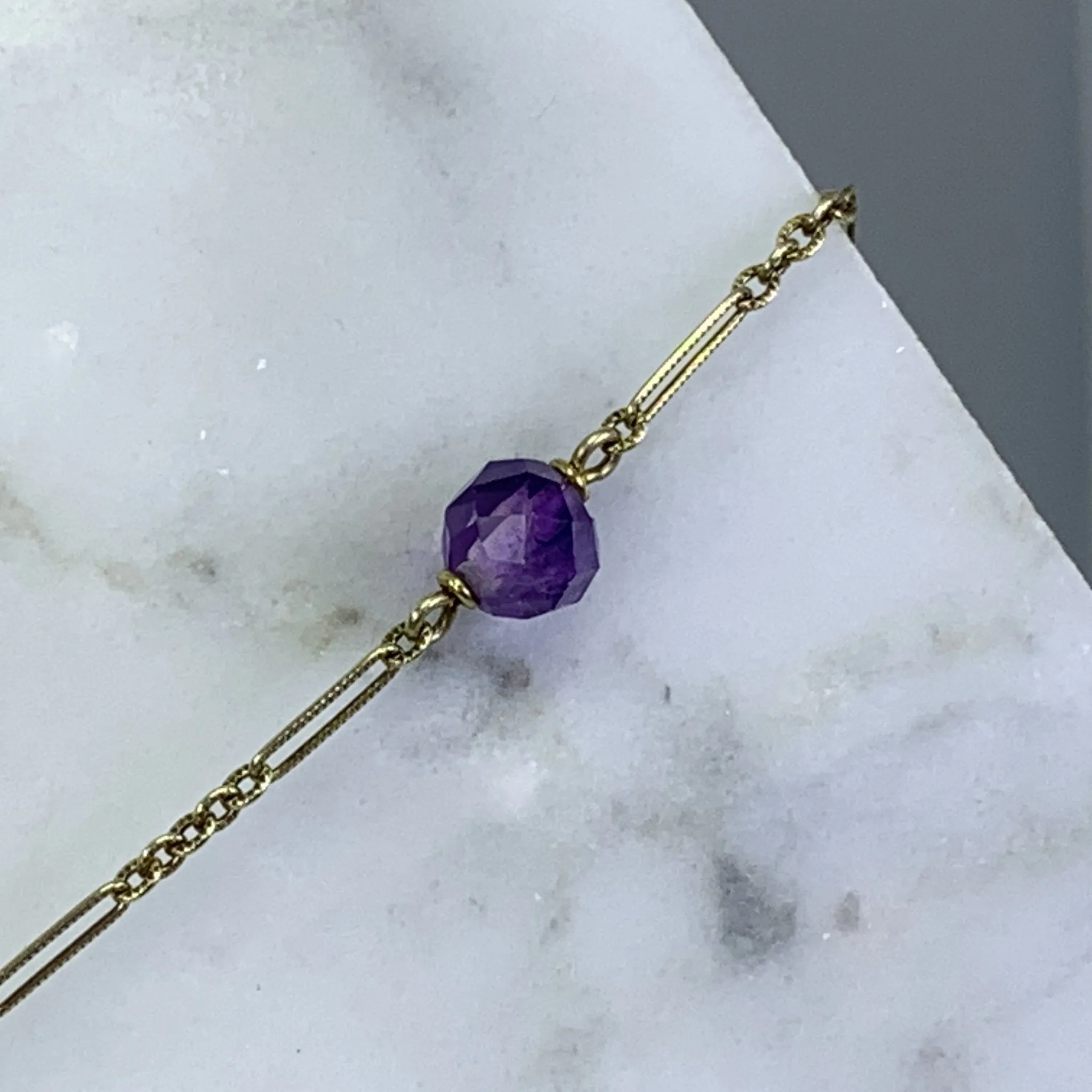 Antique Amethyst Necklace with Drop Pendant and Beads set in 14K Yellow Gold. February Birthstone.