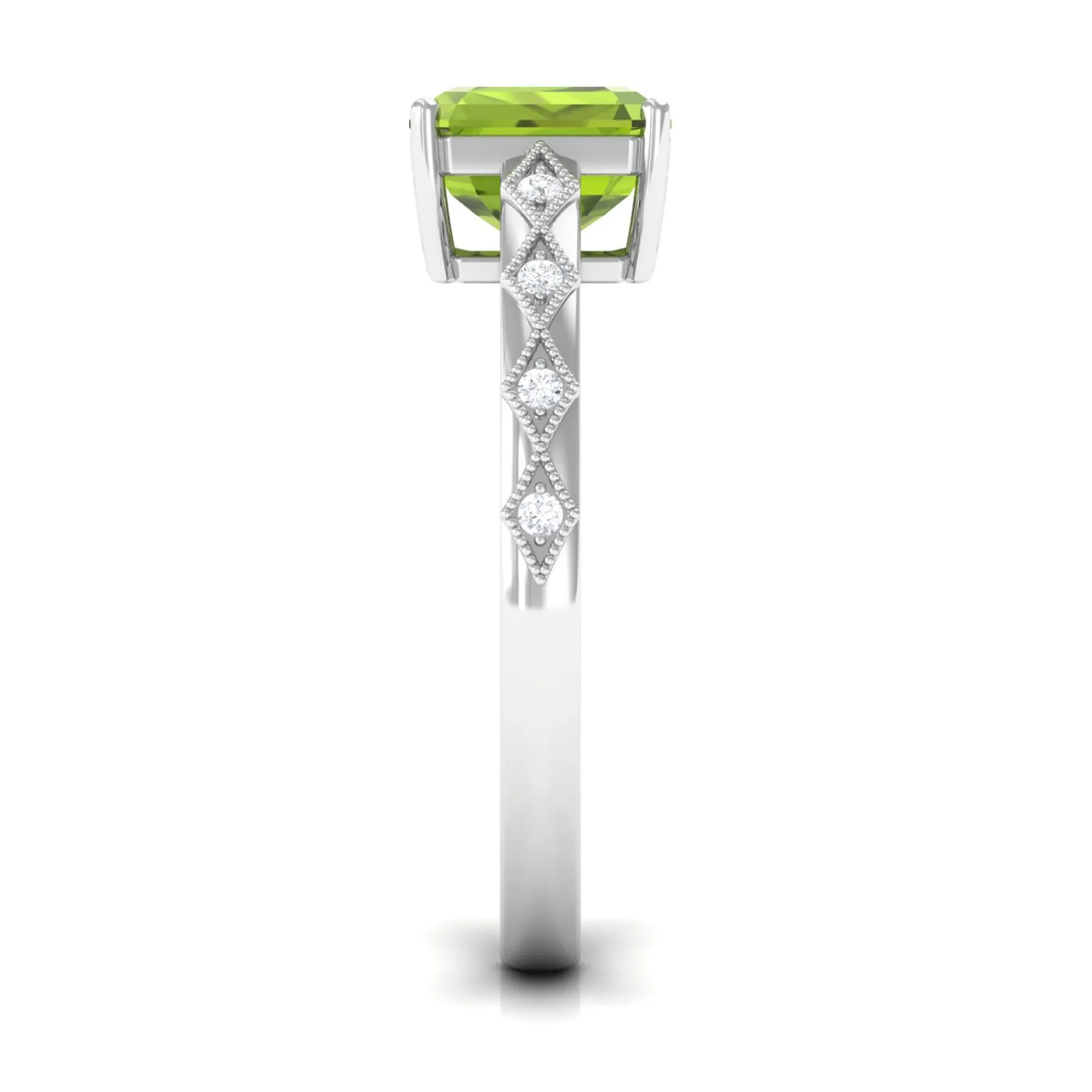 Asscher Cut Peridot Beaded Engagement Ring with Diamond