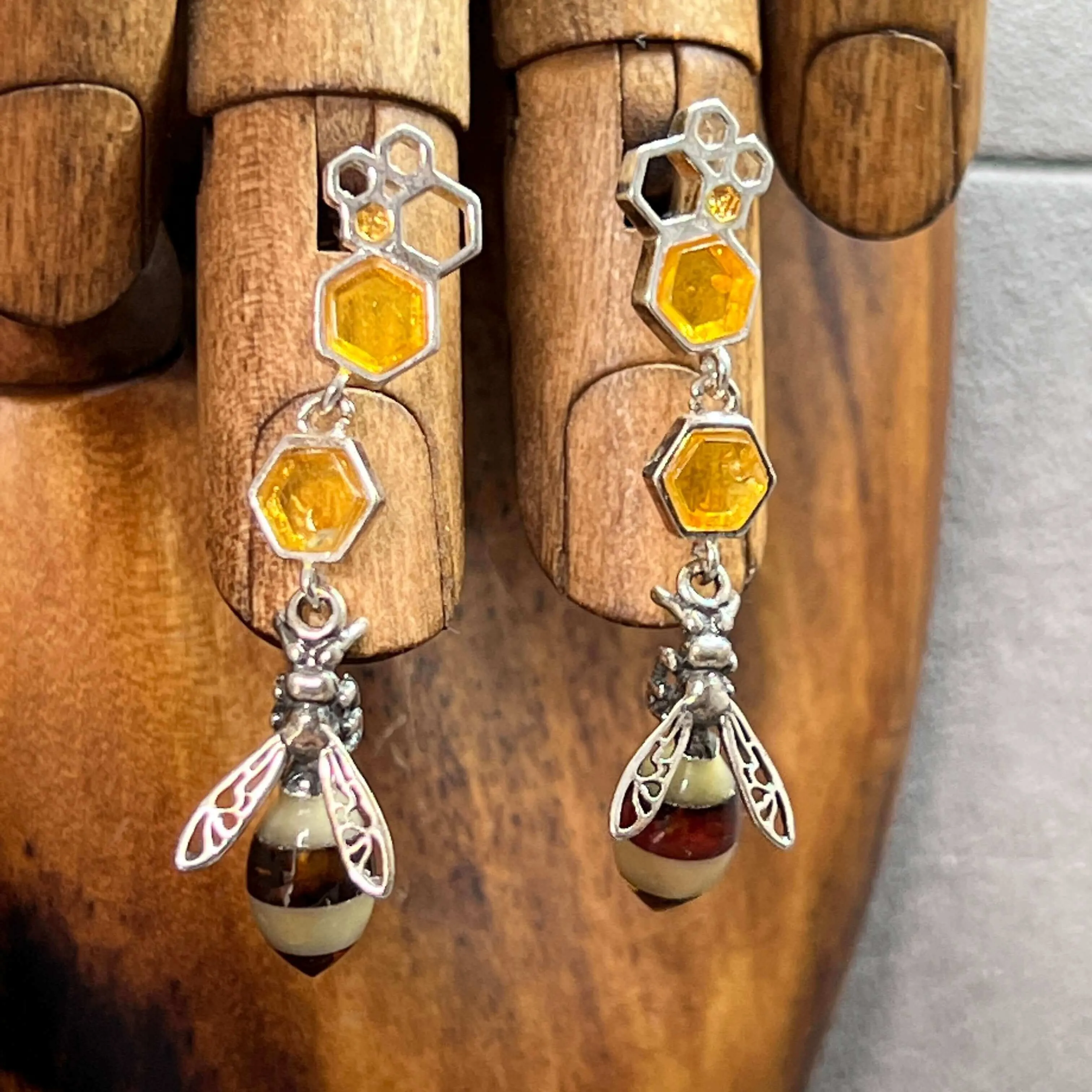 Baltic Amber Honeycomb & Bee Long Sterling Silver Earrings
