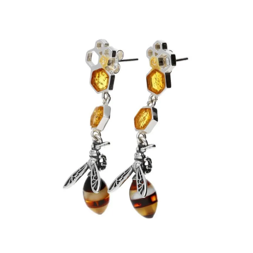 Baltic Amber Honeycomb & Bee Long Sterling Silver Earrings