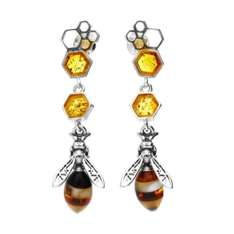 Baltic Amber Honeycomb & Bee Long Sterling Silver Earrings