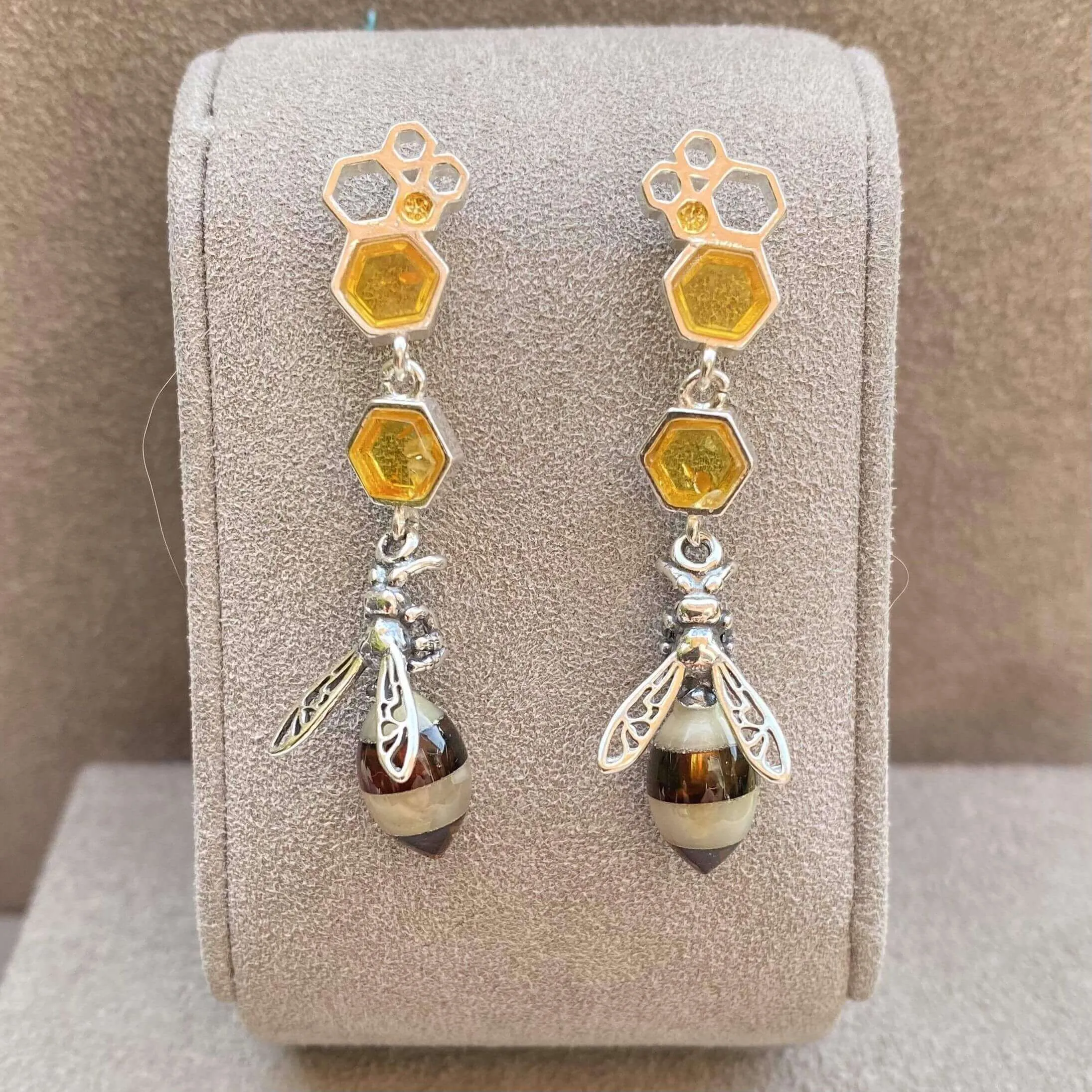 Baltic Amber Honeycomb & Bee Long Sterling Silver Earrings