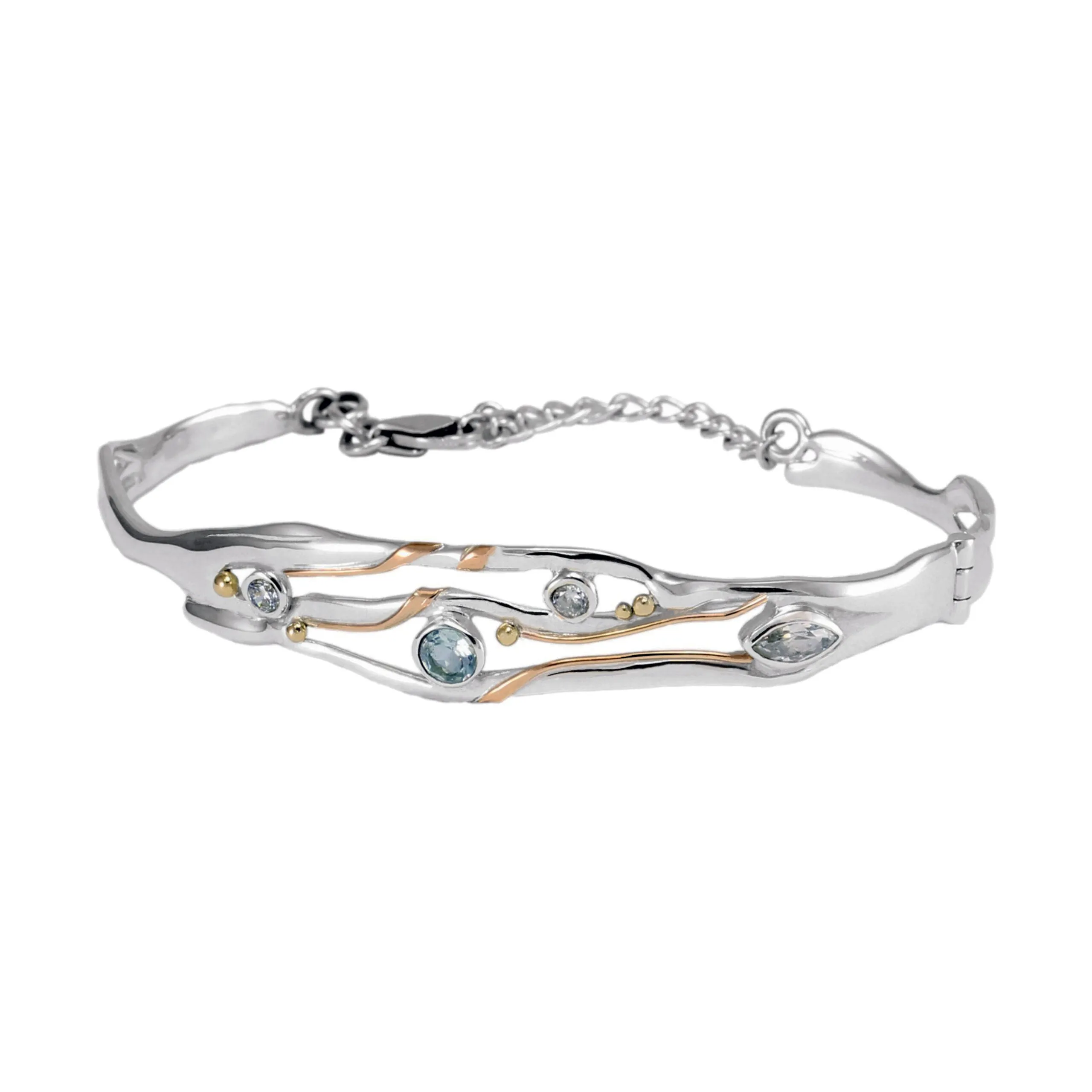 Banyan Hinged Silver Bangle with Blue Topaz and White CZ