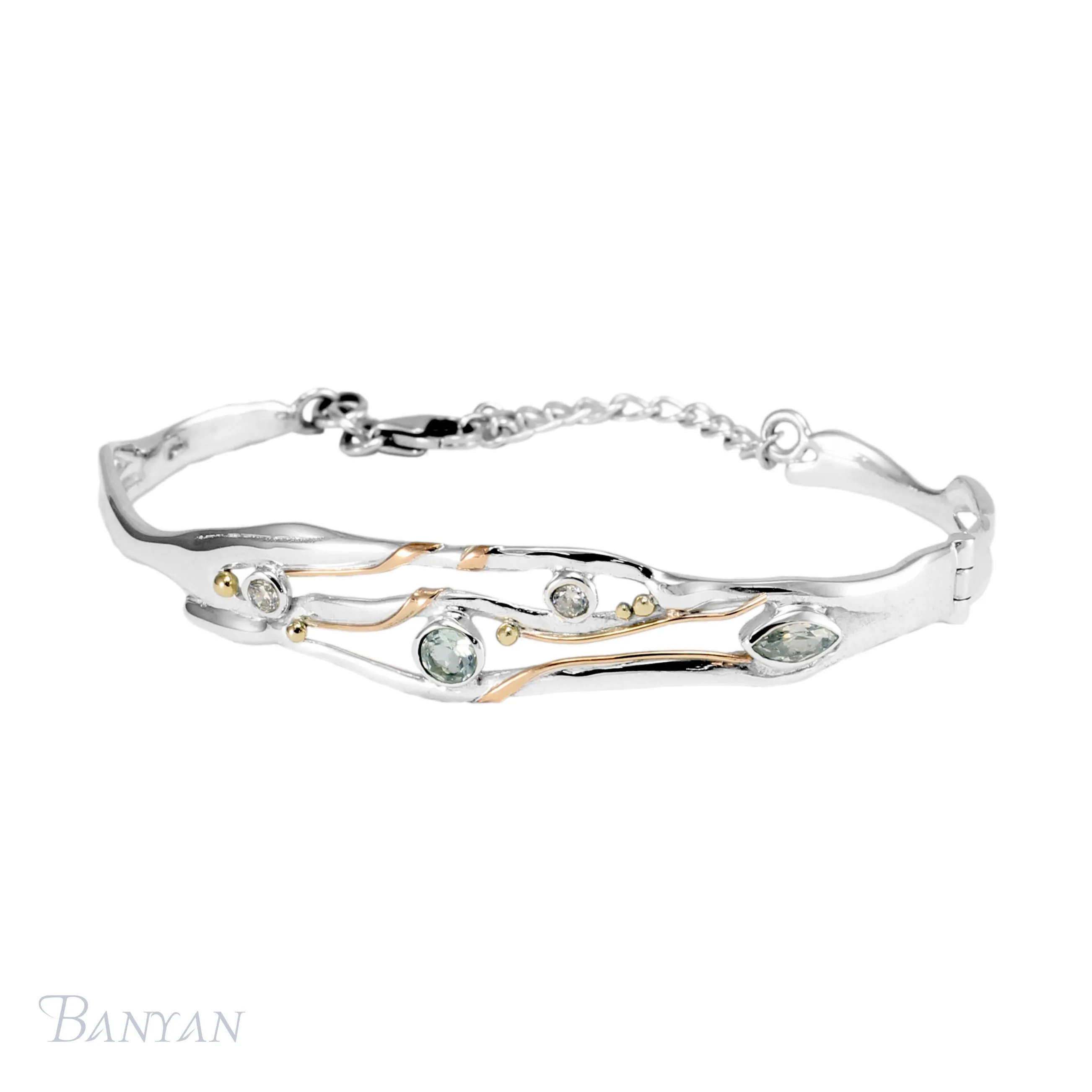 Banyan Hinged Silver Bangle with Blue Topaz and White CZ
