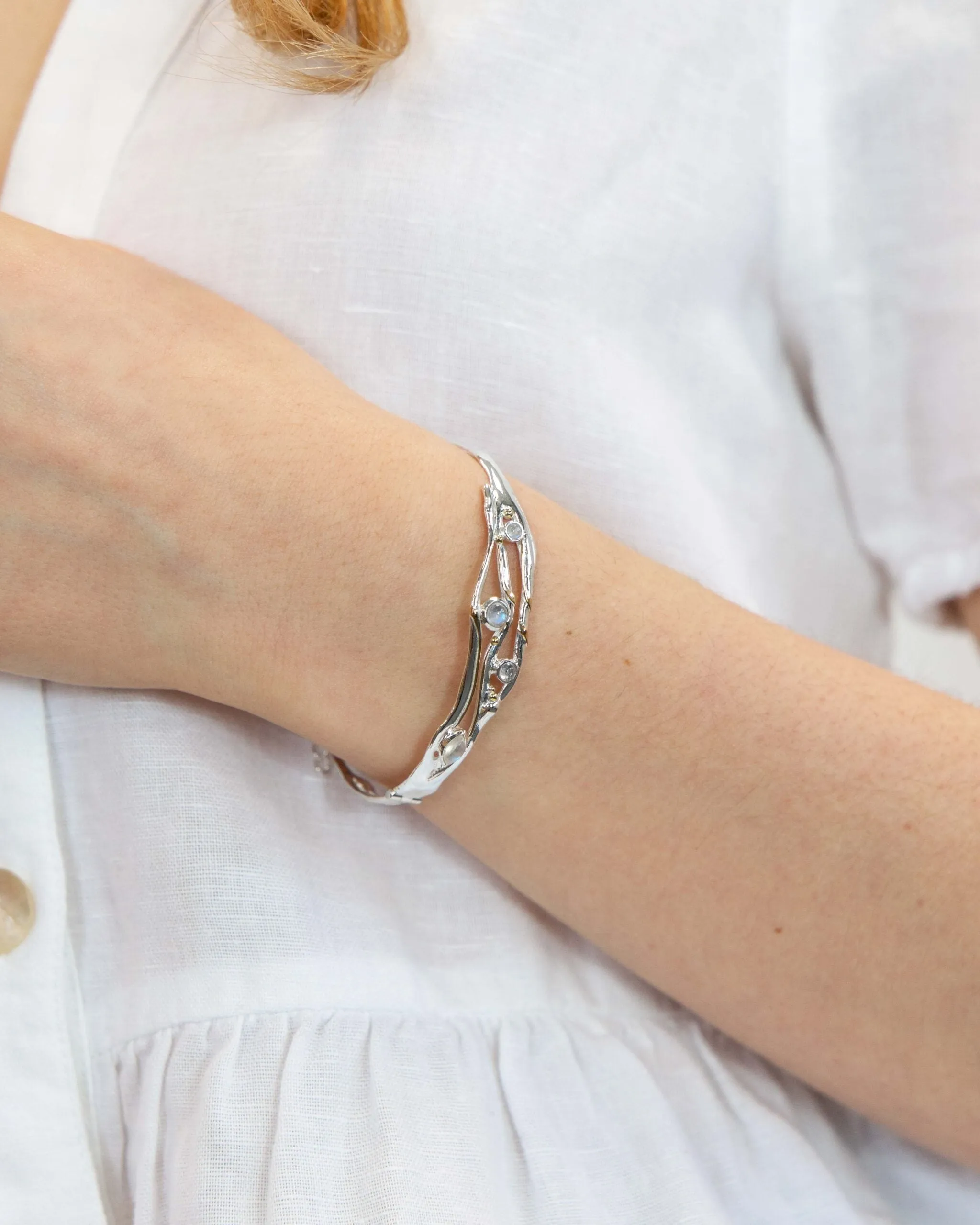 Banyan Hinged Silver Bangle with Moonstone