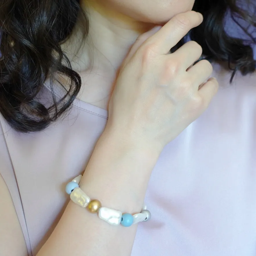 Beaded Wood and Baroque Pearl Bracelet