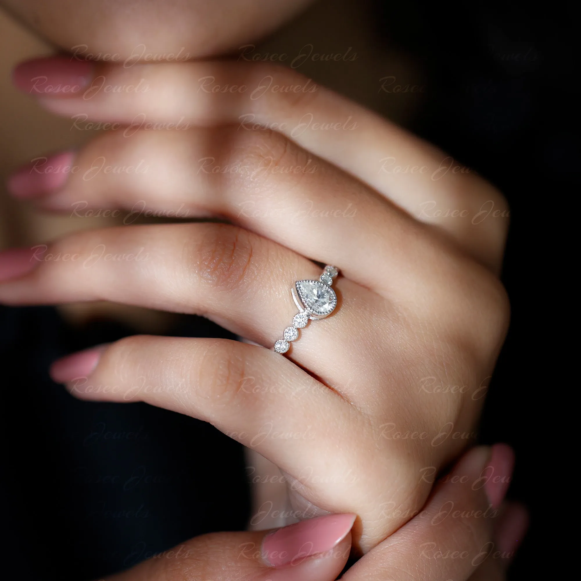 Bezel Set Pear Cut Moissanite Solitaire Ring