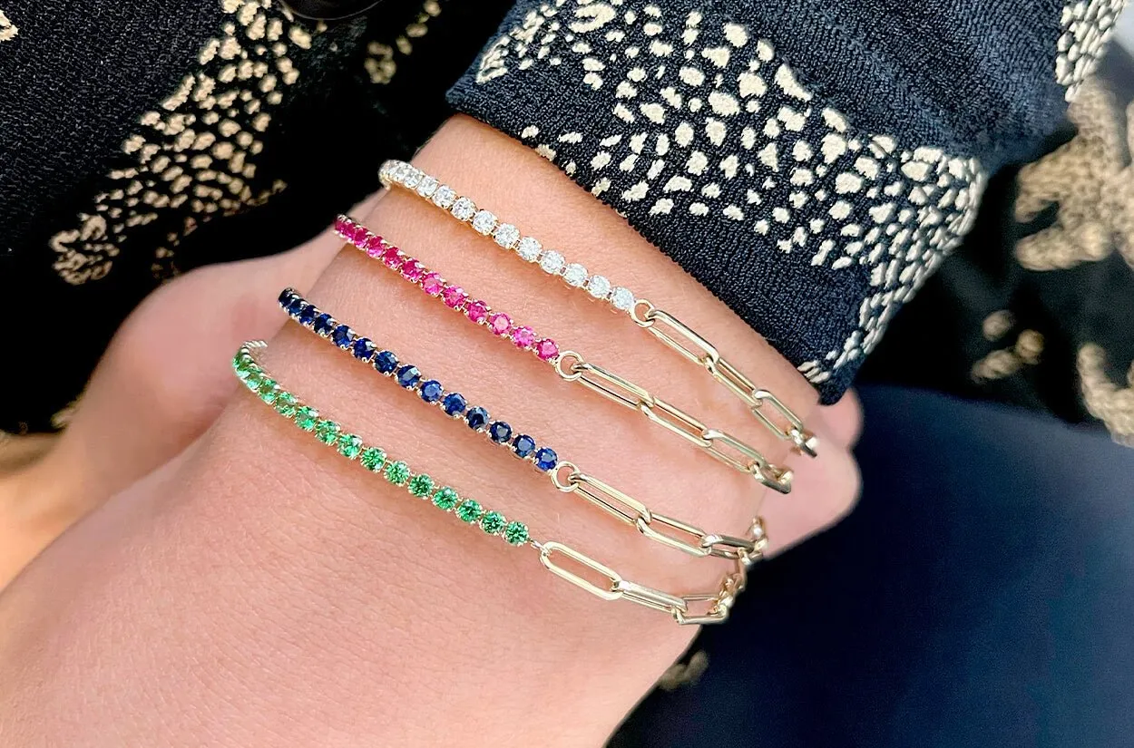 Bracelet 14kt Gold Half Paperclip & Half Tsavorites Tennis