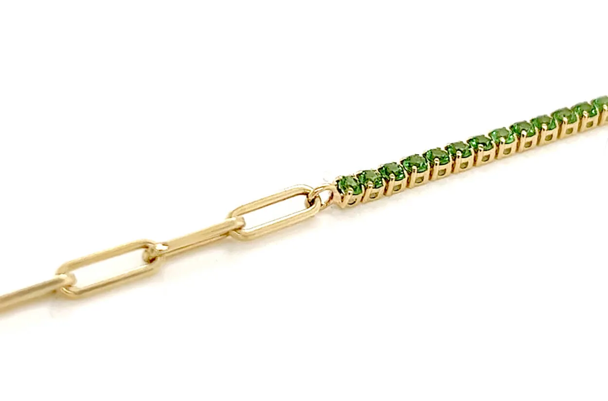 Bracelet 14kt Gold Half Paperclip & Half Tsavorites Tennis