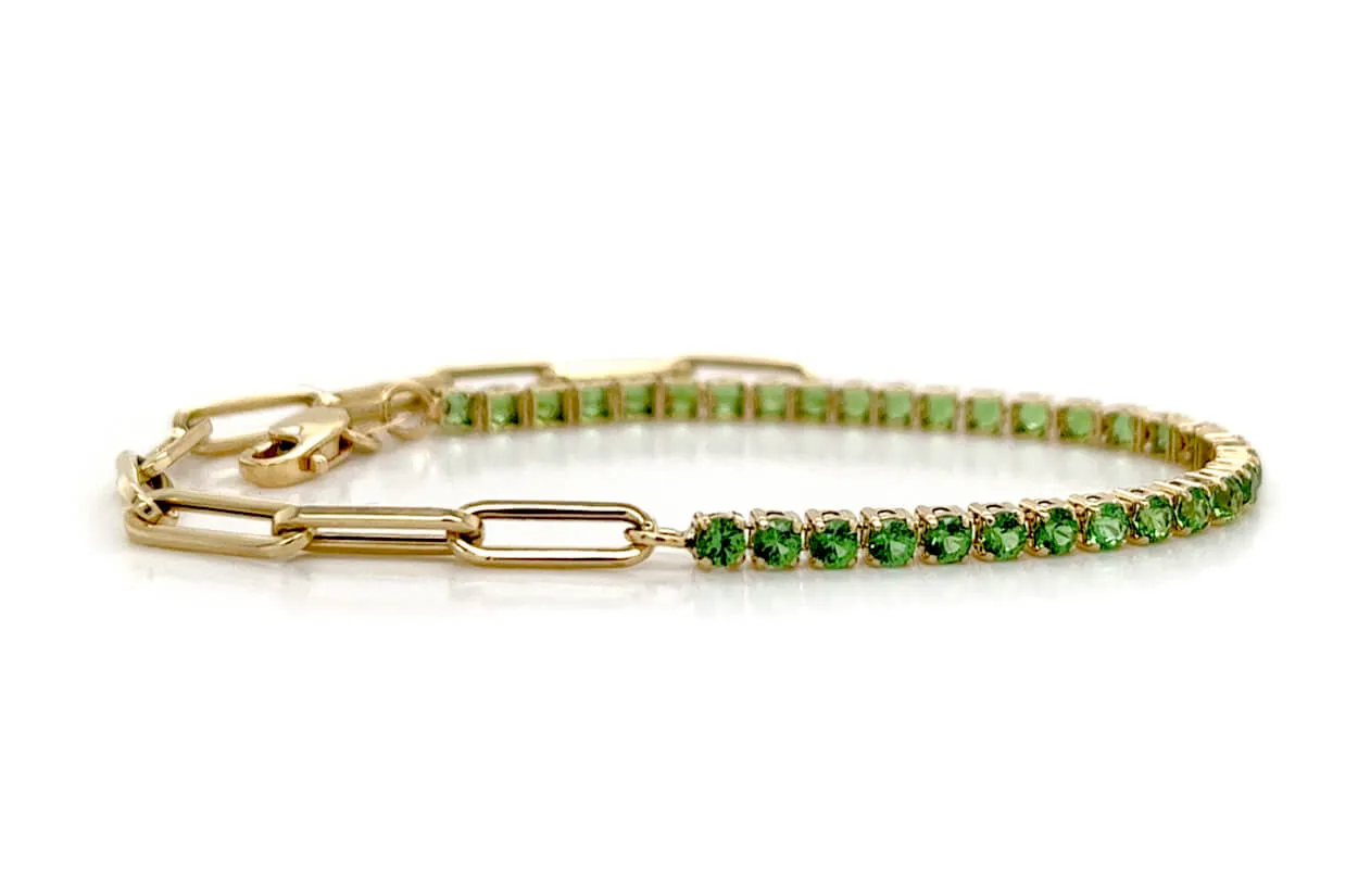 Bracelet 14kt Gold Half Paperclip & Half Tsavorites Tennis