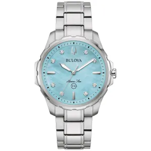 Bulova Marine Star Diamond Accent Blue Mother of Pear Dial Stainless Steel Bracelet Watch 36mm - 96P248