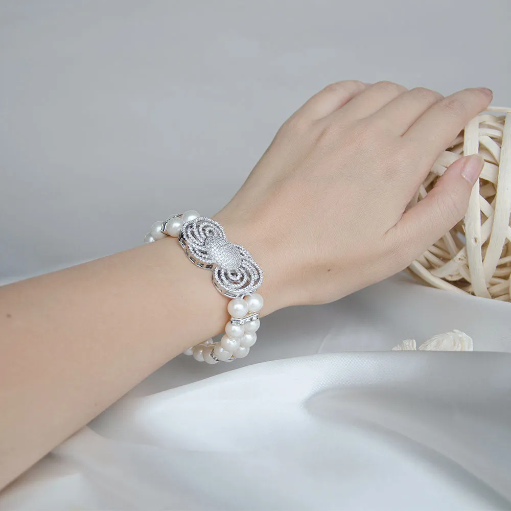 Double Rows Freshwater Pearls Floral CZ Micro Pave Wedding Bracelet, Bride, Bridesmaids