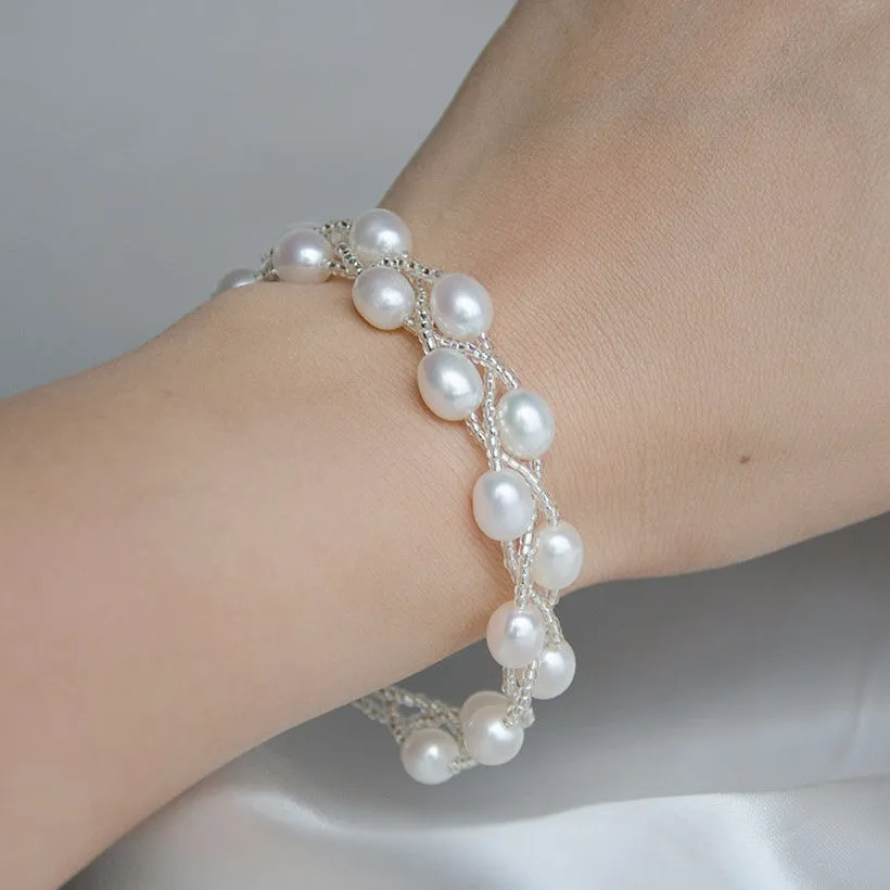 Double Rows Handbeaded Rice Freshwater Pearls Wedding Bracelet, Bridal, Bridesmaids