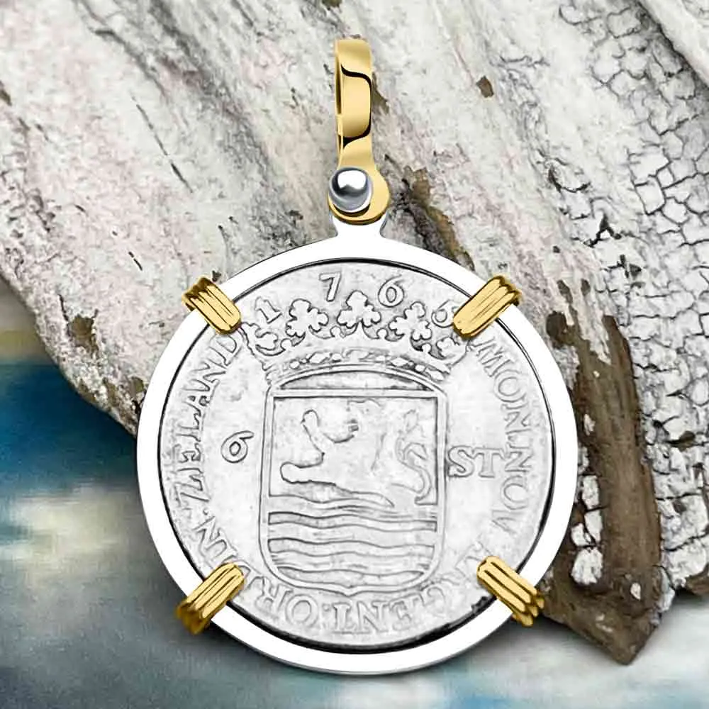 Dutch East India Company 1765 Silver 6 Stuiver Ship Shilling I Struggle and Survive 14K Gold & Sterling Silver Pendant | Artifact #3667