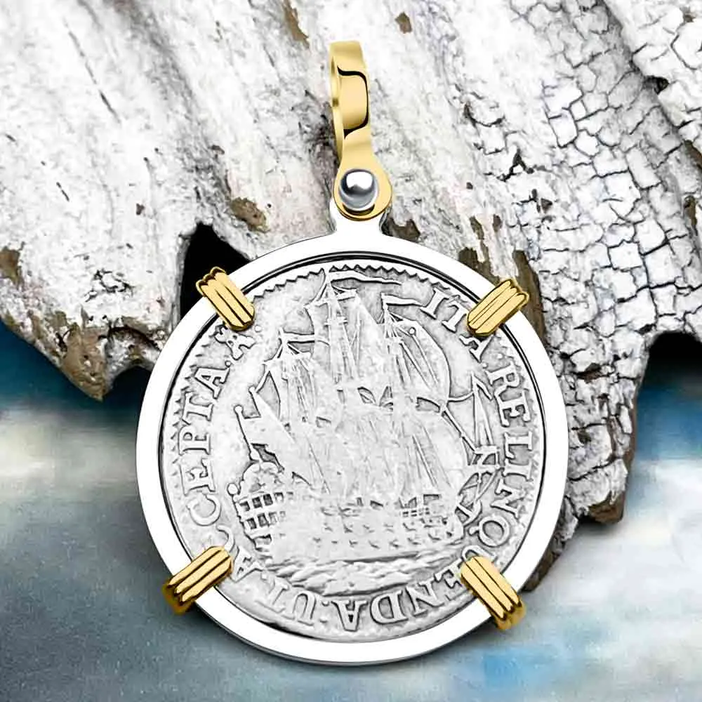 Dutch East India Company 1765 Silver 6 Stuiver Ship Shilling I Struggle and Survive 14K Gold & Sterling Silver Pendant | Artifact #3667