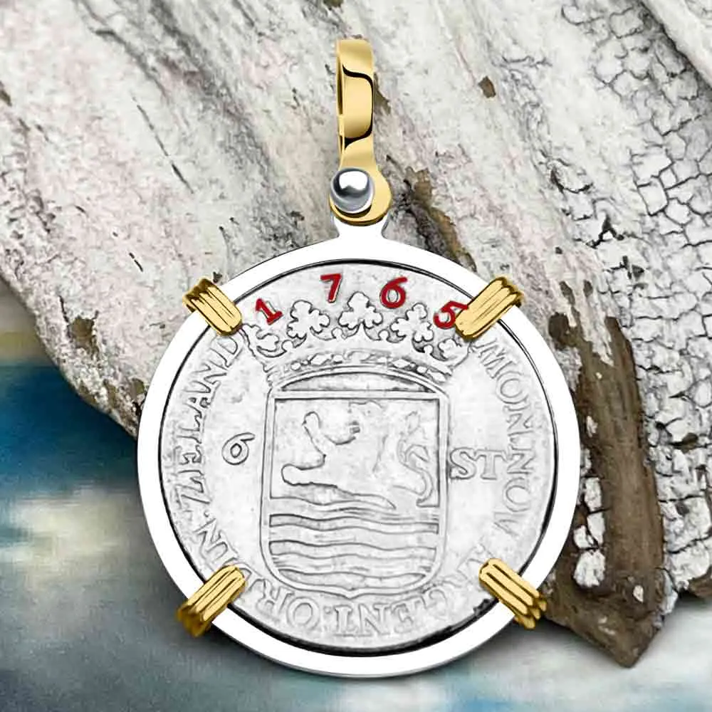 Dutch East India Company 1765 Silver 6 Stuiver Ship Shilling I Struggle and Survive 14K Gold & Sterling Silver Pendant | Artifact #3667