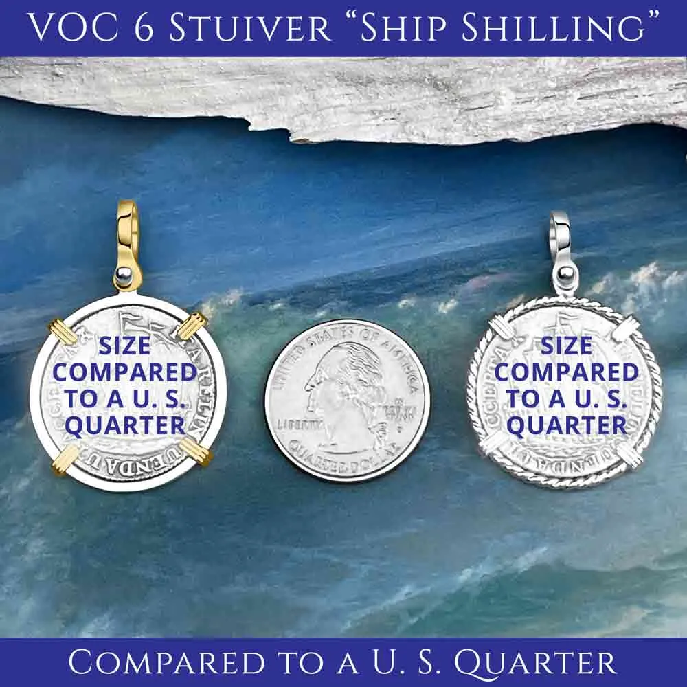 Dutch East India Company 1765 Silver 6 Stuiver Ship Shilling I Struggle and Survive 14K Gold & Sterling Silver Pendant | Artifact #3667