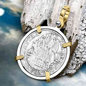 Dutch East India Company 1765 Silver 6 Stuiver Ship Shilling I Struggle and Survive 14K Gold & Sterling Silver Pendant | Artifact #3667
