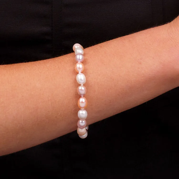 Elegant 8-9mm Rice Shape Multicolour Freshwater Pearl Bracelet for Women 19cm