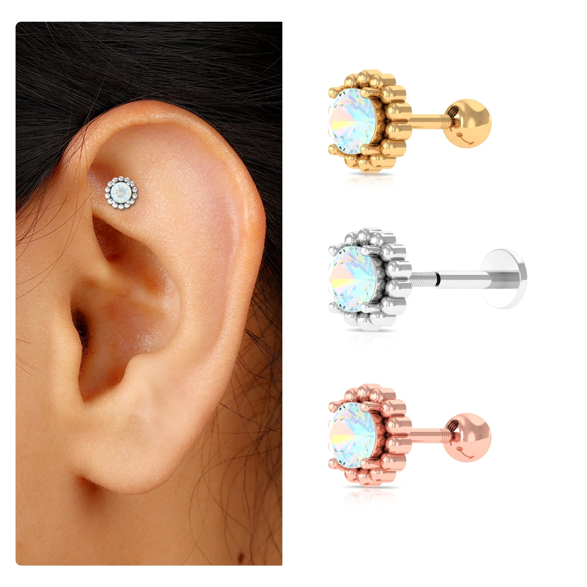 Ethiopian Opal Gold Beaded Earring for Cartilage Piercing