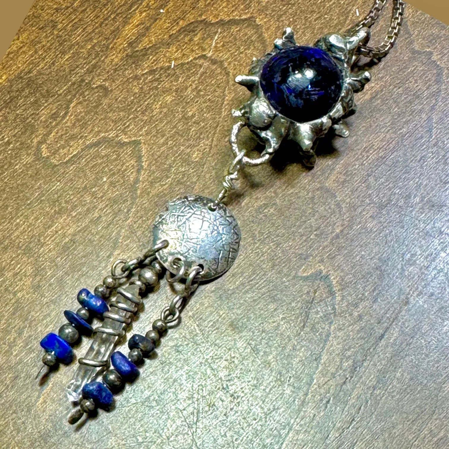 Flail Cobalt Glass Pendant w/ Boho Metalwork, Sterling Silver, Quartz & Lapis Lazuli