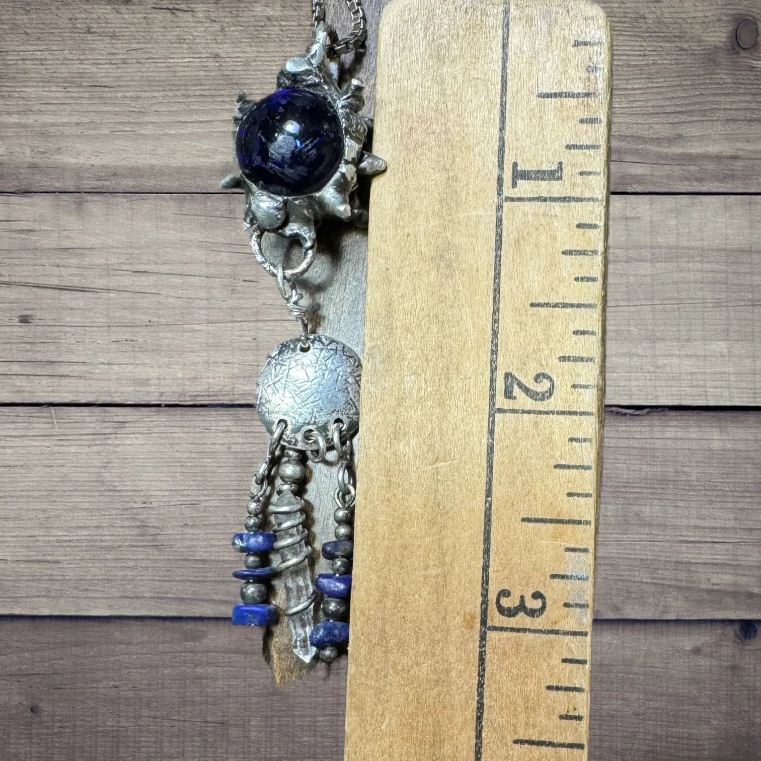 Flail Cobalt Glass Pendant w/ Boho Metalwork, Sterling Silver, Quartz & Lapis Lazuli