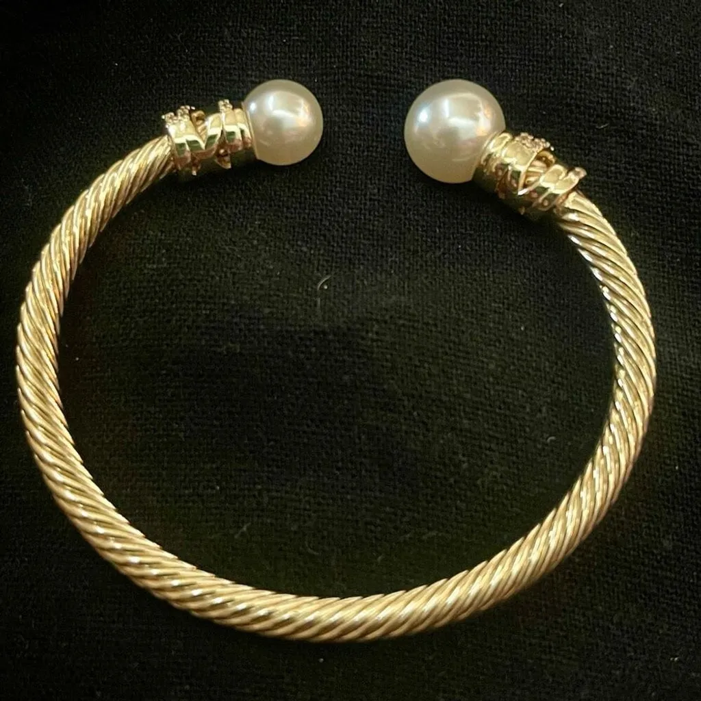 Gold Twisted Crystal Rhinestone & Pearl Cable Cuff Bracelet