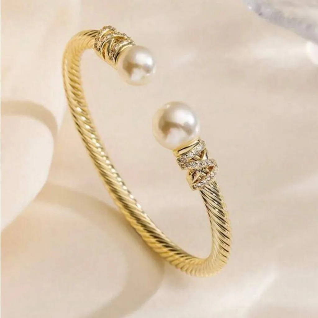 Gold Twisted Crystal Rhinestone & Pearl Cable Cuff Bracelet