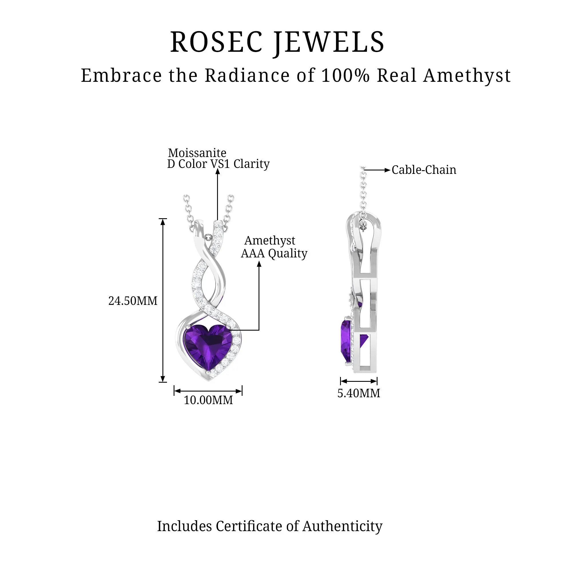 Heart Shape Amethyst Infinity Pendant Necklace