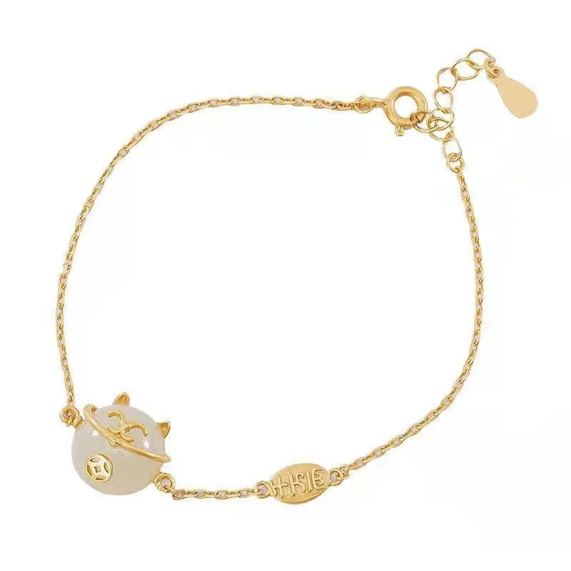Inspired design gilt inlaid natural Hetian jade cat bracelet