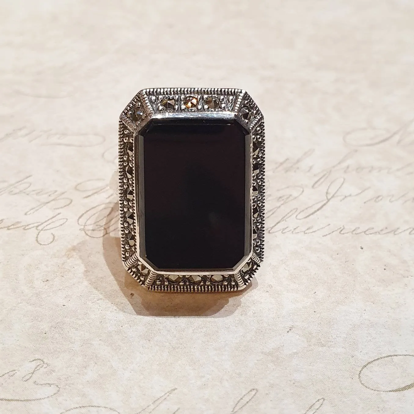 King Art Deco Ring Silver Black Onyx Marcasite