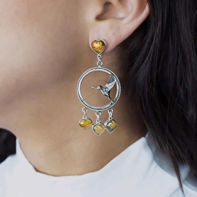 Large Silver and Amber Hummingbird Dangle Earrings