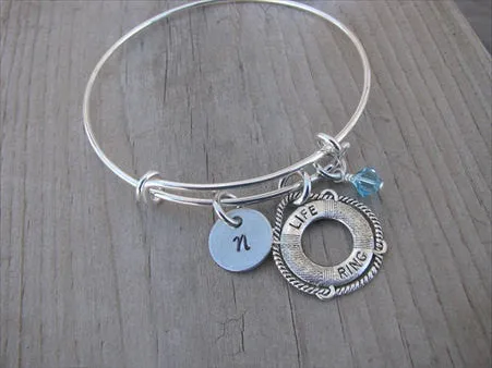 Life Preserver Charm Bracelet- Adjustable Bangle Bracelet with an Initial Charm and an Accent Bead in your choice of colors