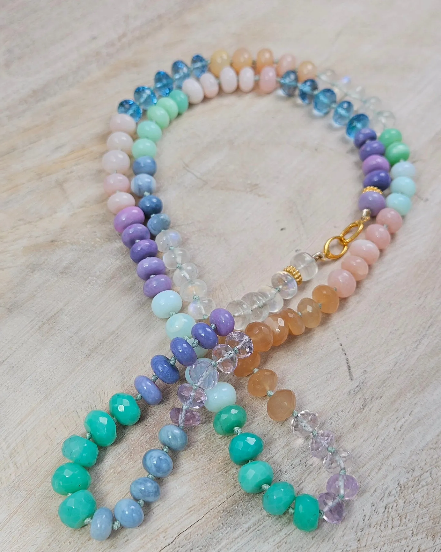 Multicolor Rainbow Gemstone Opal Chalcedony Amethyst Moonstone 18K Yellow Gold Long Necklace 30"