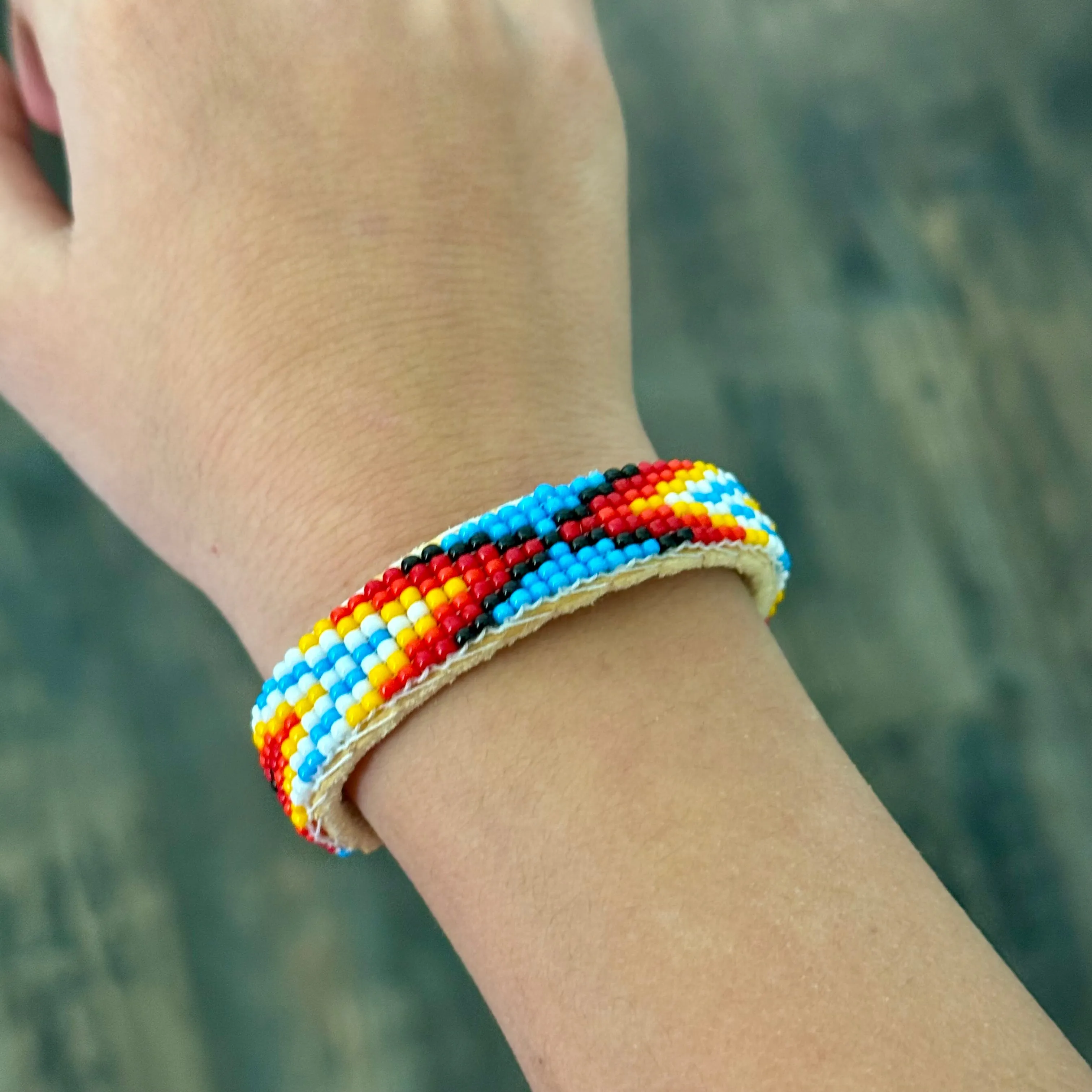 Navajo Handmade Seed Beaded Childrens Open Cuff Leather Bracelet New