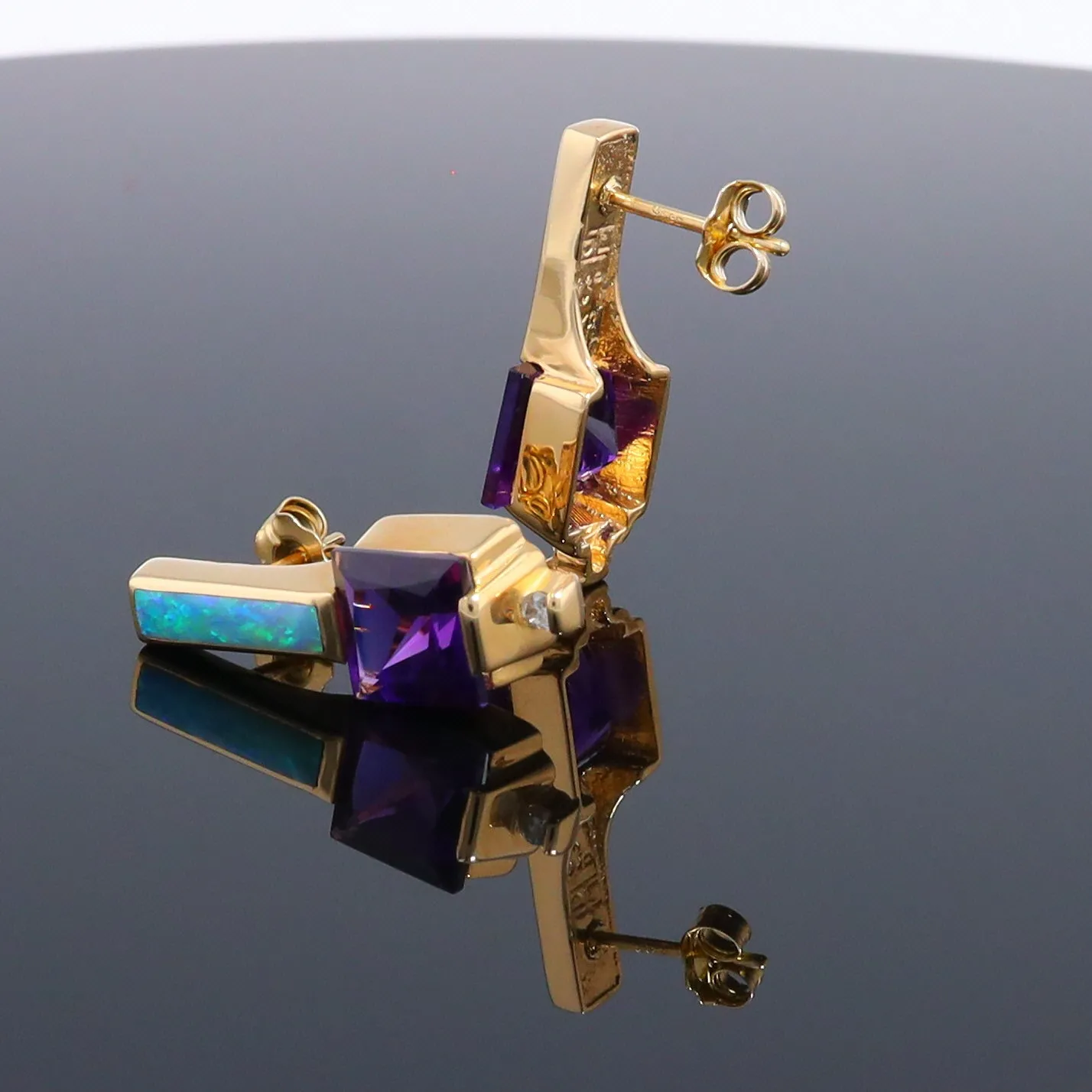 Opal Earrings Rectangle Inlaid Princess Cut Amethyst .06ctw Diamonds